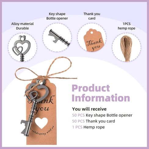 50PCS Key Bottle Openers,Vintage Key Bottle Opener,Wedding Favors or Bridal Shower Party Return Gifts Skeleton Bottle Opener with Blessing Tag Cards and Keychains (rose gold) in Saudi Arabia