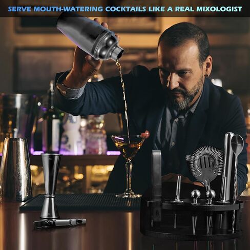 Bartender Kit with Stand, 12-Piece Bar Set | 24oz Cocktail Shaker Set for Drink Mixing, Martini Shaker Set with Bar Tools, Recipes Booklet | Fun Housewarming Gift (Black) in Saudi Arabia