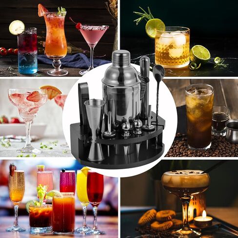 Bartender Kit with Stand, 12-Piece Bar Set | 24oz Cocktail Shaker Set for Drink Mixing, Martini Shaker Set with Bar Tools, Recipes Booklet | Fun Housewarming Gift (Black) in Saudi Arabia