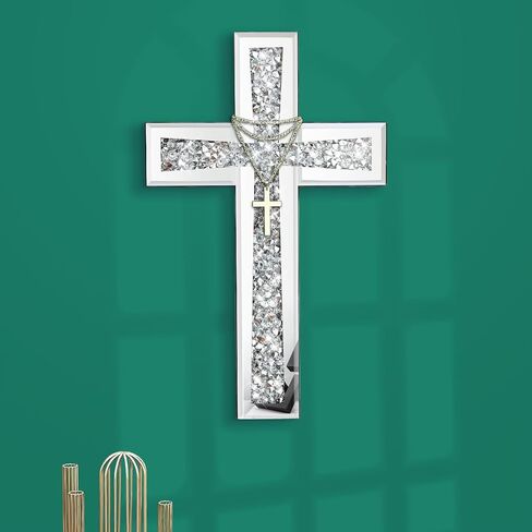 Aeveco Silver Cross Mirror for Wall Decoration, Crystal Crush Diamond Mirrored Cross for Living Room, Bedroom, Home Décor in Saudi Arabia