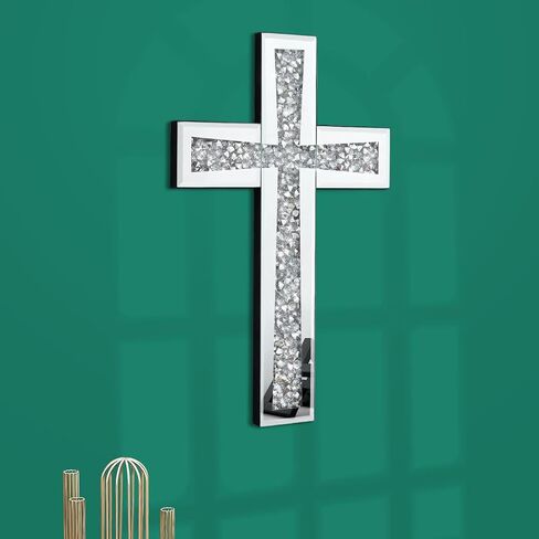 Aeveco Silver Cross Mirror for Wall Decoration, Crystal Crush Diamond Mirrored Cross for Living Room, Bedroom, Home Décor in Saudi Arabia