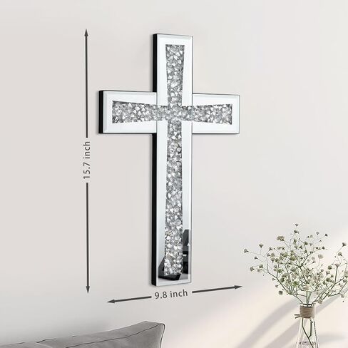 Aeveco Silver Cross Mirror for Wall Decoration, Crystal Crush Diamond Mirrored Cross for Living Room, Bedroom, Home Décor in Saudi Arabia