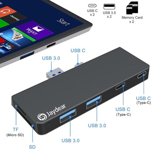 قاعدة تركيب لجهاز Surface Pro 7/Pro 7+، قاعدة Jaydear 6 في 2 لجهاز Microsoft Surface 7 مع منفذ Thunderbolt 3 - USB C ومنفذي بيانات USB A 3.0، وفتحتين لبطاقة الذاكرة - T803 in Saudi Arabia
