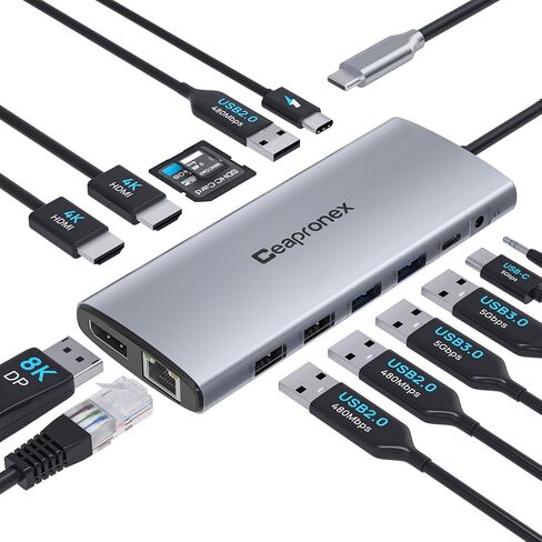 محطة إرساء الكمبيوتر المحمول USB C 3 شاشة 14 في 1 موزع USB C ثلاثي العرض لأجهزة MacBook/Dell/HP/Lenovo Dual HDMI 4K، DP 8K، شاحن PD، جيجابت إيثرنت، 6 منافذ USB، قارئ بطاقة SD/TF، ​​ميكروفون/صوت in Saudi Arabia