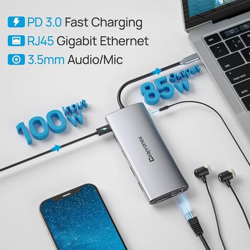 محطة إرساء الكمبيوتر المحمول USB C 3 شاشة 14 في 1 موزع USB C ثلاثي العرض لأجهزة MacBook/Dell/HP/Lenovo Dual HDMI 4K، DP 8K، شاحن PD، جيجابت إيثرنت، 6 منافذ USB، قارئ بطاقة SD/TF، ​​ميكروفون/صوت in Saudi Arabia