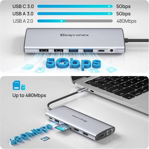 محطة إرساء الكمبيوتر المحمول USB C 3 شاشة 14 في 1 موزع USB C ثلاثي العرض لأجهزة MacBook/Dell/HP/Lenovo Dual HDMI 4K، DP 8K، شاحن PD، جيجابت إيثرنت، 6 منافذ USB، قارئ بطاقة SD/TF، ​​ميكروفون/صوت in Saudi Arabia