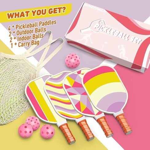 Pickleball Paddles Set of 4, Premium Wood with 4 Indoor & Outdoor Pickleball Balls and 1 Carry Bag, Pickleball Rackets with Ergonomic Cushion Grip for Beginner & Intermediate Gifts for Women Men Youth in Saudi Arabia