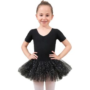 Girls Ballet Leotards with Dance Skirt Short Sleeve Dancewear Crisscross Back Ballet Dance Dress Tutu Skirted Leotard