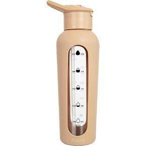 haelo 24oz Glass Motivational Water Bottle with Flip Lid Straw, Silicone Protective Sleeve, Handle, Reusable BPA Free (Amber)
