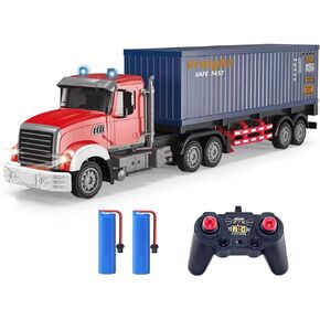 RC Semi Truck with Trailer - 22.5 Inch Semi Truck Toy for Kids, Carrier Van Transport Vehicle with 2 Rechargeable Batteries, 1:24 Container Truck with LED Lights & Music, Great Gift For Boys Girls