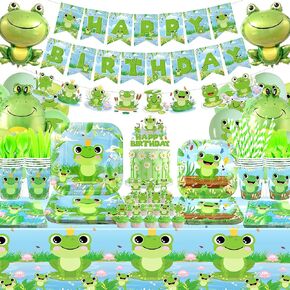 Frog Birthday Party Decorations - Frog Party Supplies including Banner, Plate, Cake Topper, Cup, Napkin, Balloon, Tablecloth for Frog Party Decoration - Serves 20 (B)