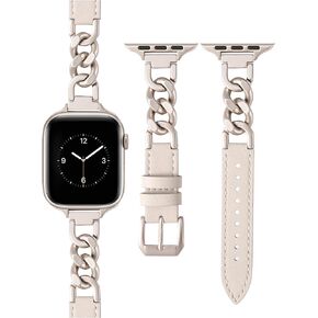 Wearlizer Leather Band Compatible with Apple Watch Band 41mm 40mm 38mm 49mm 45mm 44mm 42mm Women, Fancy Leather Strap + Stainless Steel Cowboy Chain Bracelet for iWatch 9/8/7/6/5/4/3/2/1/SE/Ultra 2