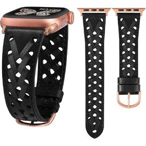 Wearlizer Leather Band Compatible with Apple Watch Band 38mm 40mm 41mm 42mm 44mm 45mm 49mm Ultra Women Men Dressy Breathable Hollow-out Braided Leather Strap for iWatch SE Series 9 8 7 6 5 4 3 2 1