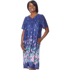 AmeriMark Women's & Women's Plus Border Lounge Dress- Short Sleeve Gown Sleepwear for Ladies, Navy Delight Border, MD