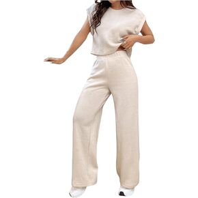 MakeMeChic Women's 2 Piece Outfit Casual Cap Sleeve Round Neck Tee Shirt and Elastic Waist Pants Set