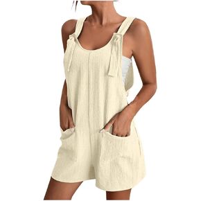 Jumpsuits for Women Linen Shorts Rompers Summer Sleeveless Overalls Spaghetti Strap Baggy Jumpers with Pockets