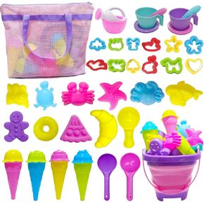Beach Toys, 38Pcs Ice Cream Beach Sand Toys Set for Kids 3 4 5 6 7 8, Sandbox Toys Set with Collapsible Sand Bucket, Mesh Bag, Shovels, Ice Cream, Watering Can and Molds for Boys Girls Travel Outdoor