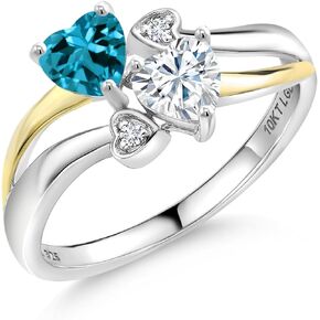925 Silver and 10K Yellow Gold London Blue Topaz and White Moissanite and White Lab Grown Diamond Ring For Women (0.99 Cttw, November Birthstone, Heart Shape 5MM, Available in Size 5,6,7,8,9)