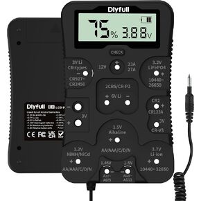 Dlyfull Battery Tester, LCD Display Universal Battery Checker for for Ni-MH, Ni-CD, Li-ion, Alk & LiFe04 Batteries(AA AAA C D 9V 12V 18650 CR123A 2CR5 CR2032 Cells), 2X AAA Batteries Included