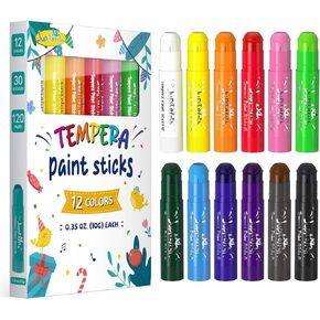 12 Colors Tempera Paint Sticks with 120 PDF Coloring Pages and 30 Stickers, Quick Drying, Smooth, Non-Toxic and Washable Paint Sticks for Kids, Art Supplies for Drawing on Various Objects