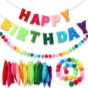 2 Pcs 118 Inch Pre Strung Happy Birthday Felt Fabric Banner Felt Ball Garland Reusable Natural Handmade Felt Letters & Balls Happy Birthday Sign for Birthday Party Decor (Bohemia Color)