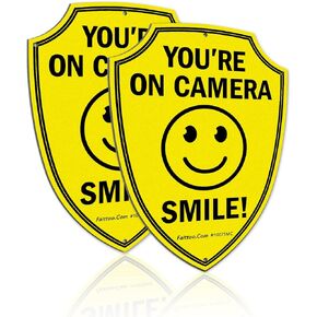 Faittoo Smile You're On Camera Sign, Video Surveillance Signs Outdoor, 2-Pack, 9.6 x 6.8 Inch Reflective Aluminum Warning Sign for Home Business CCTV Security Camera, Weather Resistant, Shield Shape