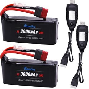 Blomiky 2 Pack 11.1V 3000mAh 30C Li-Po Rechargeable Battery Suitable and Charge Cable for Remote Control Cars Drone /11.1V 3000mAh T