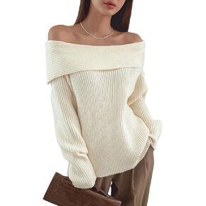 Verdusa Women's Long Sleeve Loose Off Shoulder Sweater Knit Pullovers Jumper Tops