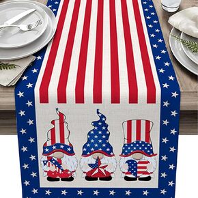 OOKSEN Table Runners, Stars Stripes Table Runner, American Flag Table Runner with Gnomes Fireworks, 4th of July Patriotic Decorations for Memorial Day Kitchen Dining Party Holiday,13x47 Inch