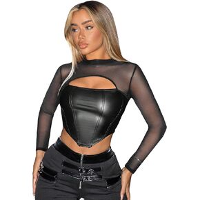 MakeMeChic Women's Faux Leather Mesh Sheer Long Sleeve Mock Neck Cut Out Tee Shirt Crop Tops