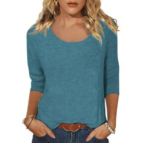 Woffccrd Womens Casual 3/4 Sleeve Scoop Neck Tee Shirts Solid Color Basic Top Blouses
