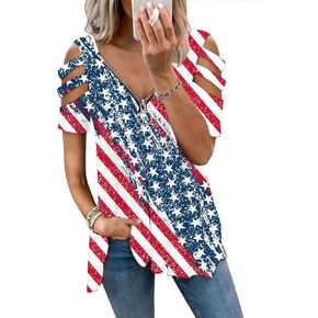 Cold Shoulder Tunic Tops for Women Plus Size, V Neck Short Sleeve Casual Summer Shirt with Zipper