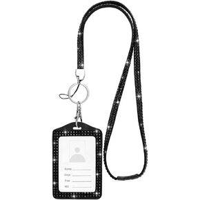 SAVORI Bling Badge Lanyard with ID Holder, Rhinestone Sturdy Neck Lanyard Horizontal Name Card Holder for Women Girl (Pink)