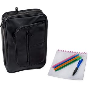Black Leather Like Reinforced Bible Cover Case with Handle and Stationary, X-Large