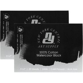 New York Central 100% Cotton Watercolor Paper Blocks 2 Pack 140lb 5x7" - Cold Press Acid-Free Premium Watercolor Paper for Artists, Painting, Water Media, Professionals, & More