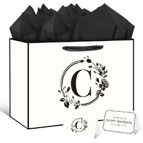 Initial Letter Gift Bag for Personalized Gifts 16.9'' x 12.6'' Monogrammed Letter Gift Bag with Wrapping Tissue Paper Cards, Paper Letter Gift Bag for Baby Shower Holiday Friend Anniversary (Letter A)