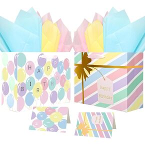 Augisteen Pastel Birthday Gift Bags Large 10 x 13 Pastel Rainbow Paper Gift Wrap Bag with Tissue Paper Pastel Bithday Gift Bags with Handles for Birthday Wedding Baby Shower Party Supplies, 2 Pack