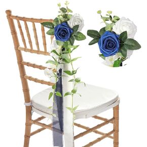 HIALTODAY Wedding Aisle Decorations Chair Flower Set of 8 Navy Blue Artificial Pew Flowers Arrangement with Ribbons for Church Chair Decorations Wedding Ceremony Anniversary Party Decor