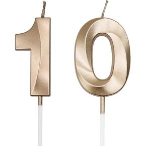 Champagne Gold 10th Birthday Candles for Cakes, Number 10 Candle Cake Cupcake Topper for Birthday Anniversary Party Decoration