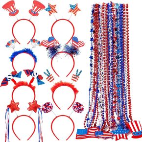 32PCS Fourth of July Accessories 4th of July Headband and Bead Necklace, Felt Patriotic Head Boppers, Independence Day Parade, USA Necklaces, Celebration Decoration, Red White and Blue Headband