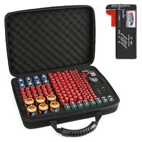 Hard Battery Organizer Storage Box, Battery Organizer Carrying Case Bag Holder Holds 148 Batteries AA AAA C D 9V - with Battery Tester BT-168 (Batteries are Not Included)
