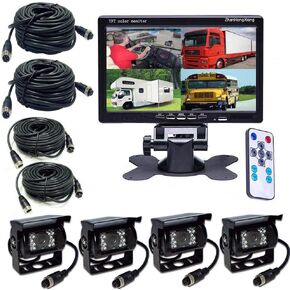 HD 1080P Backup Camera 7" Monitor,4X 4 Pin AHD Car Reverse Rear View Mirror Wired Camera Kit + 7 inch IPS 4-Split Monitor for Bus Truck Trailer RV Heavy Duty A701