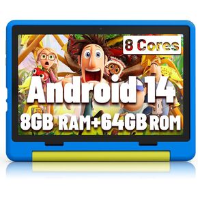 Kids Tablet｜Upgraded Android 14 Tablet 10 inch for Kids with Protective Case｜Octa-Core｜8+64GB TF Card Expandable｜Dual Camera｜Parental Control｜Pre-intalled KIDOZ｜Great Gift for Toddler(Blue)