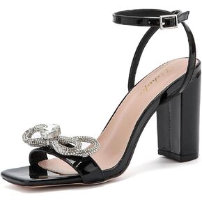 Rhinestone Heels for Women Sparkling Bow Sandals Slingback Square Toe Chunky Block Heels for Party Wedding