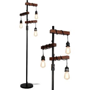 Dimmable Industrial Floor Lamp, Farmhouse Tree Floor Lamp, 68 Inch 3 Lights Wood Standing Lamp, Sturdy Base Tall Vintage Pole Light, Metal Black Floor Lamps for Living Room Bedroom Office Rustic Home