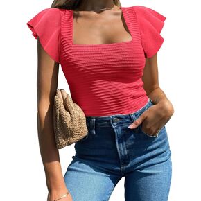 BZB ملابس علوية نسائية صيفية 2024 بأكمام مكشكشة ورقبة مربعة، بلوزة كاجوال ضيقة ومتماسكة ومضلعة in Kuwait