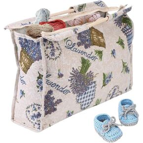GOTOTOP Knitting Bag Yarn Organizer Bag Knitting Needle Storage Bag Wood Handle Woven Fabric Storage Bag for Knitting Sewing Tools,16.5 x 11.8 x 4.3in(Purple Flower)