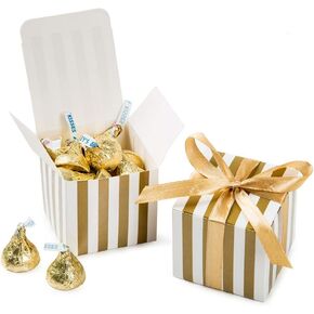 AWELL Small Red Stripes Gift Candy Box Bulk 2x2x2 inch with Red Ribbon, Red White Strips Party Favor Box, pack of 50