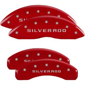 MGP Caliper Covers - Brake Caliper Covers 2019-2023 Chevrolet Silverado 1500-2021-2023 Suburban (STD Brakes) / Tahoe - Front and Rear Set - Silverado Logo - Red