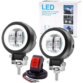 Ourbest Motorcycle Driving Lights with Red Ring Switch, Round Offroad Spotlight for Motorbike ATV Offroad Trucks Tractor Agricultural Vehicles Farming Heavy Equipment(White Beam with Red Halo)